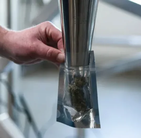 Cannabis flower being put into packaging with Green Vault Systems Machine